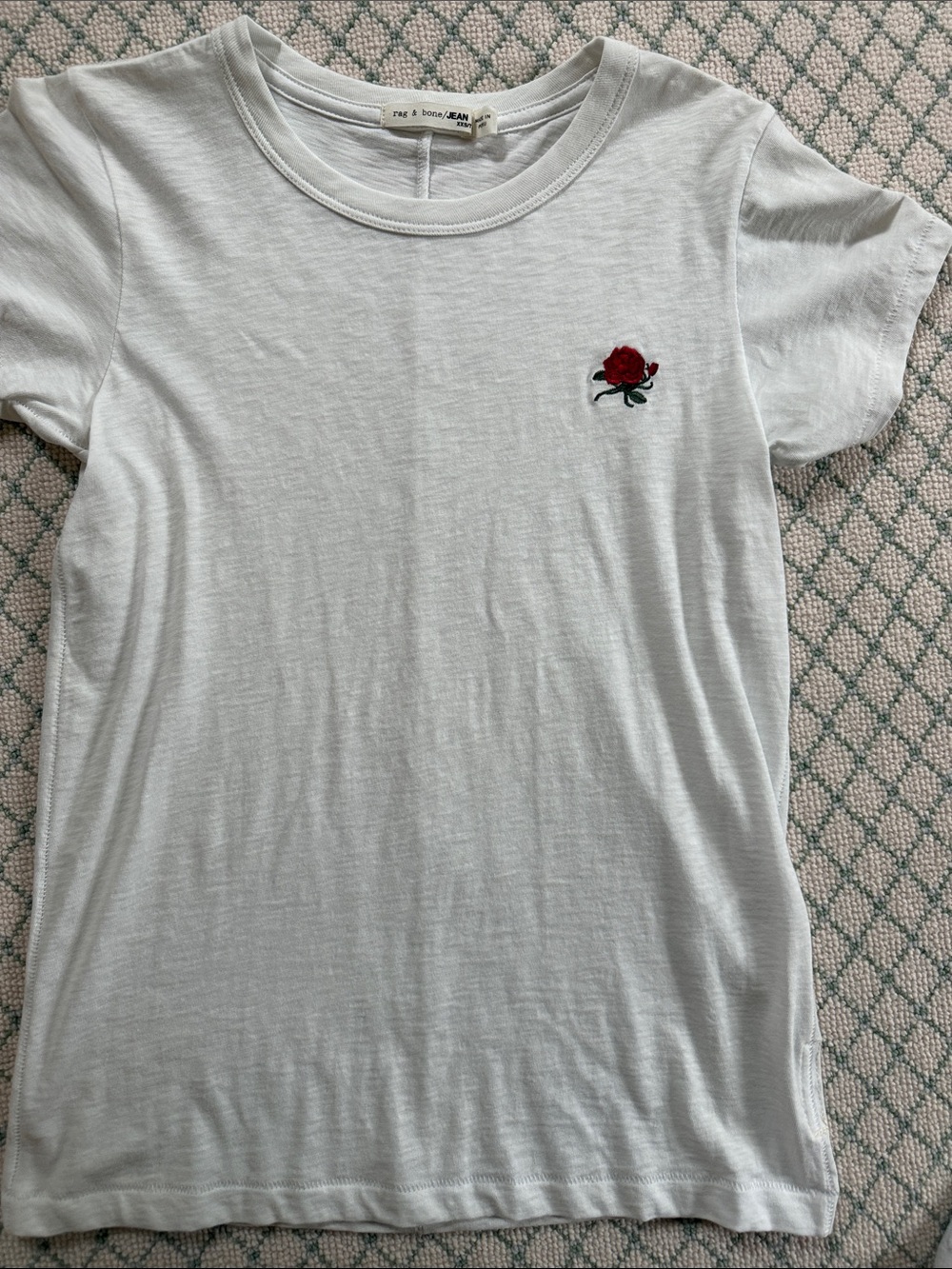 rag & bone White Short Sleeve Tee with Embroidered Red Rose